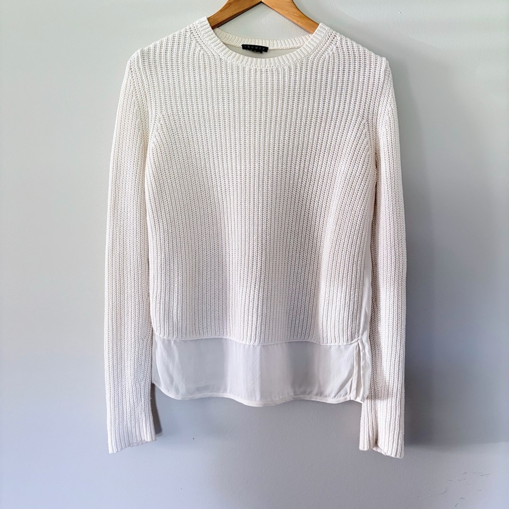 Theory Cream Knit Sweater Silk Cotton Cashmere Neutral Minimalist Pullover Small
